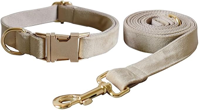 Love Dream Velvet Dog Collar and Leash Set, Soft & Comfy Adjustable Dog Leash and Collar with Heavy Duty Metal Buckle for Small Medium Large Dogs Training & Walking (Large, Skin Color)