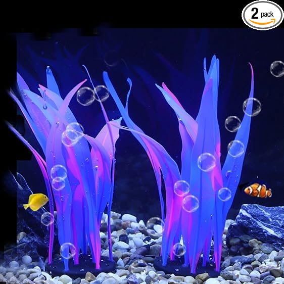 2Pcs Soft Silicone Aquarium Plants Glowing Kelp Fish Tank Plants Decor Artificial Aquarium Plant Decoration Simulation Artificial Water Grass for Fish Tank,Blue,7inch