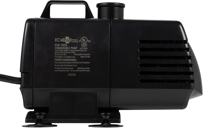 EcoPlus Eco 1056 Water Pump Fixed Flow Submersible Or Inline For Aquariums, Ponds, Fountains & Hydroponics - UL Listed, 1083 GPH, Black