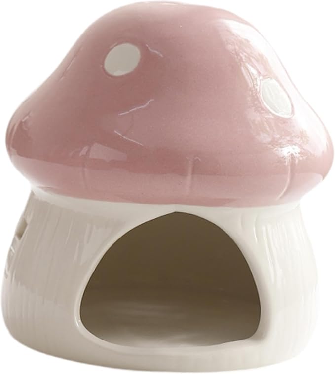 Gralara Ceramic Hamster House Habitat Mushroom Shaped Outdoor Guinea Pig Hideout Hamster Hide Bed for Small Pets Dwarf Rats, Pink