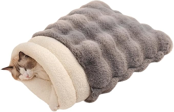 SOMAHE Self-Warming Cat Sleeping Bag, Enclosed Hooded Snuggle Sack with Dual-Side Plush Cat Cave Bed, Portable Foldable Pet Sleeping Pod for Indoor & Travel, Anti-Static, 21.7"x17.7"Grey