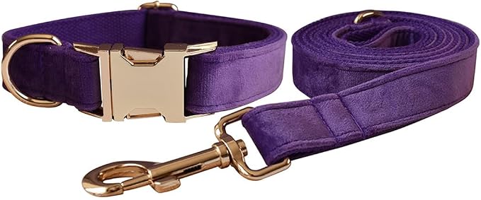 Love Dream Velvet Dog Collar and Leash Set, Soft & Comfy Adjustable Dog Leash and Collar with Heavy Duty Metal Buckle for Small Medium Large Dogs Training & Walking (XLarge, Dark Purple)