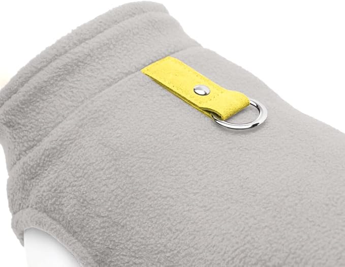 Gooby Fleece Vest - Gray-Yellow, Large - Warm Pullover Dog Jacket with O-Ring Leash