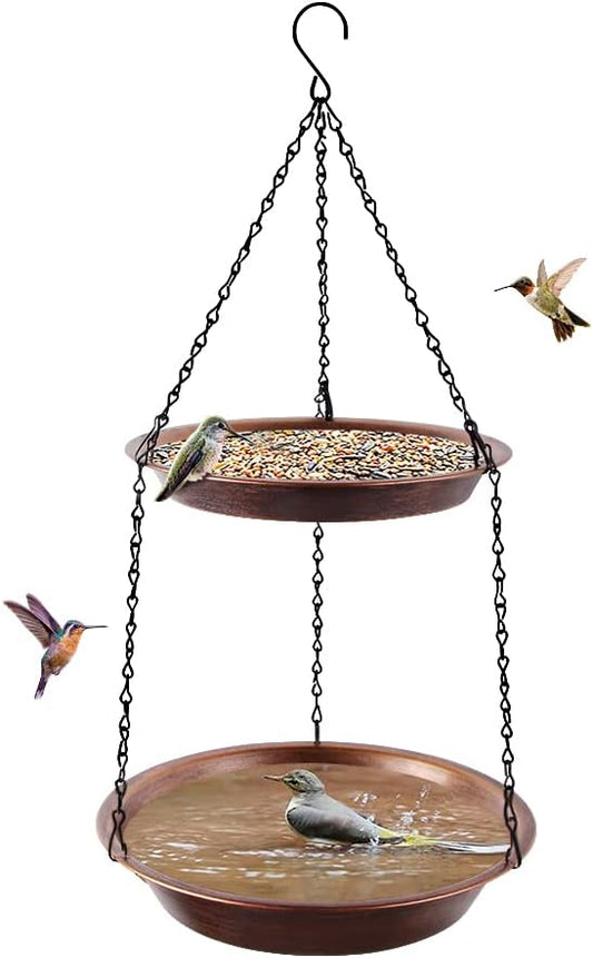 Hanging Bird Bath for Outdoor, 2-in-1 Antique Copper Metal Bird Feeder&Birdbath Bowls with 23" Rust-Proof Black Chains Backyard Birdbath Garden Decor