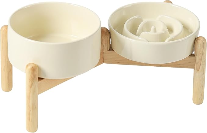 Havniva Ceramic 0.9 Cup Raised Slow Feeder Dog Bowl Set, Elevated 6.1inch Water Bowl and 6.1inch Slow Dish with Wooden Stand for Small Dogs (2 x Light Yellow+ Stand)