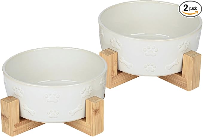 Small Dog Bowls with Stand, 5.5 inch Ceramic Dog Food Water Bowl Set for Small Dogs Puppy Cats Pet Feeding Dish, White with Cute Pattern