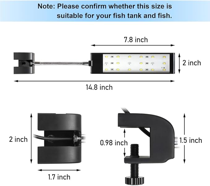 DaToo Aquarium Light Small LED Clip Light for Fish Tank 7W, 1 Yr Warranty