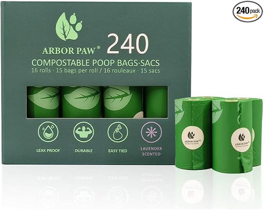 Arbor Paw Compostable Dog Waste Bags, BPI Certified ASTM D6400, Extra Thick 20 Micron, Lavender Scented, 240 Bags (16 Rolls × 15)