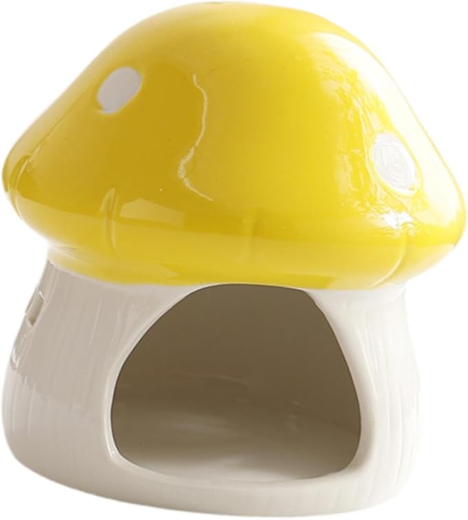Ceramic Hamster House Small Animal Hideout Outdoor Cartoon Multipurpose Hamster Hide Bed Mushroom Shaped for Rats Chipmunk, Yellow