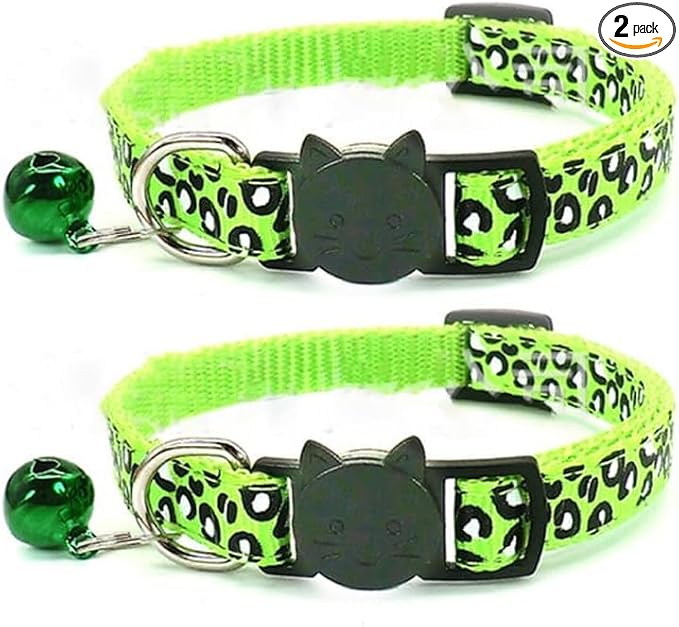 Reflective 2 Pack Breakaway Cat Collars with Bell Leopard Pattern Cute Kitty Adjustable 7.5-12.5 Inch Safe Kitten Collars Charms (Green)