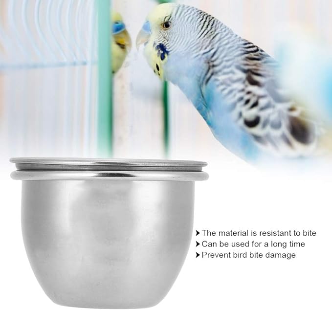 SYH&AQYE Stainless Steel Bird Food Water Coop Cup, Bird Feeding Dish Feeder with Clamp Holder Bird Cage Feeder Set for Macaw African Greys Budgies(7.5cm)