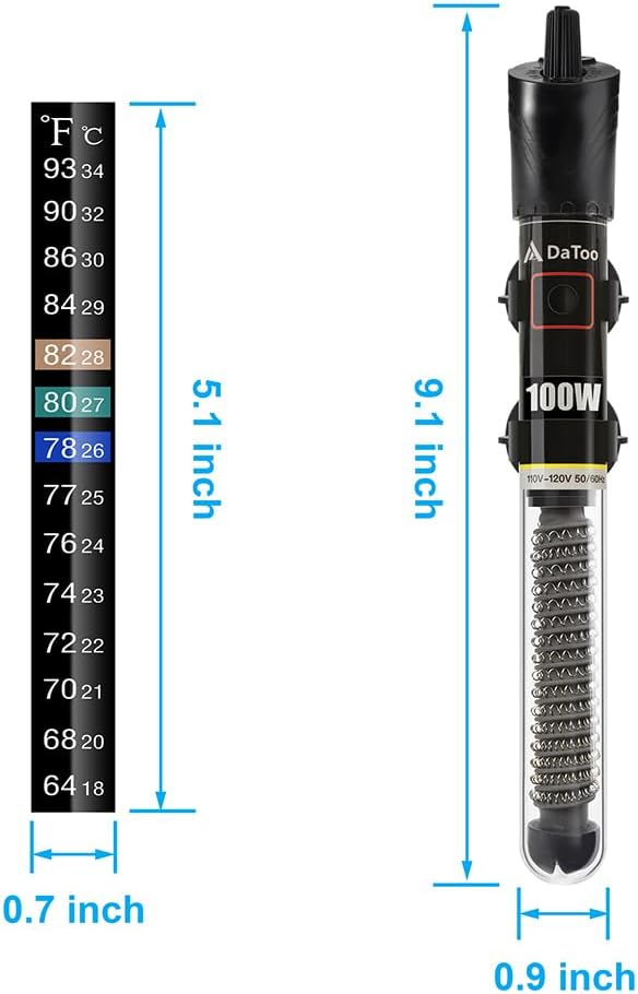 DaToo Mini Aquarium Heater 100W Small Fish Tank Heater 100 Watt with Free Thermometer Sticker(100W)