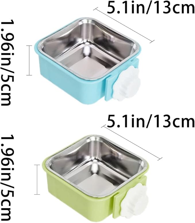 Crate Dog Bowl,Removable Stainless Steel Water Food Feeder Bowls Crate Coop Cup,Pet Cage Bowls with Bolt Holder for Cat, Puppy, Birds, Rats, Rabbits Small Animals ((Blue+Green) Square, Large)