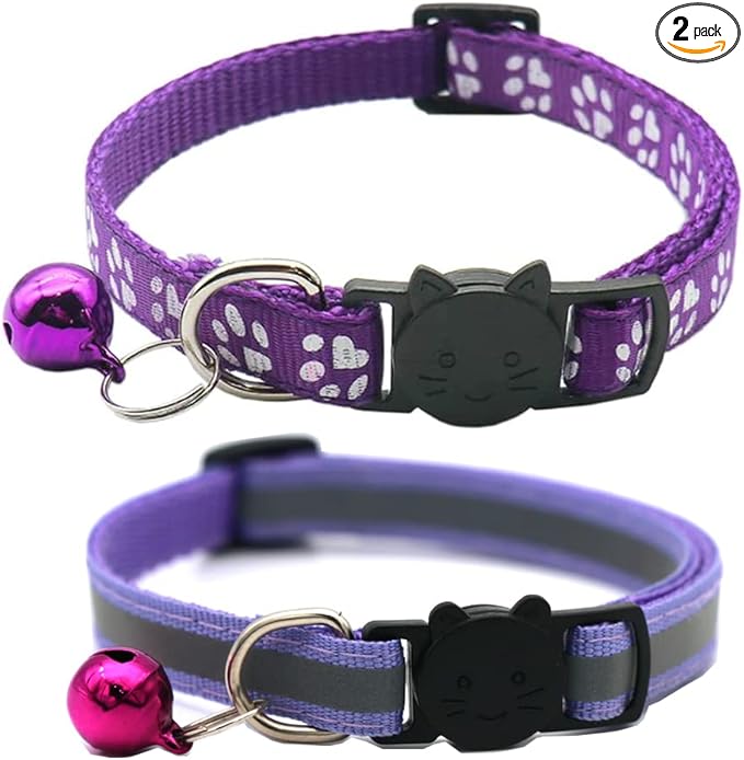 2 Pack Cat Collars Quick Release Reflective Kitten Collar with Bell & Safety Release (Purple)