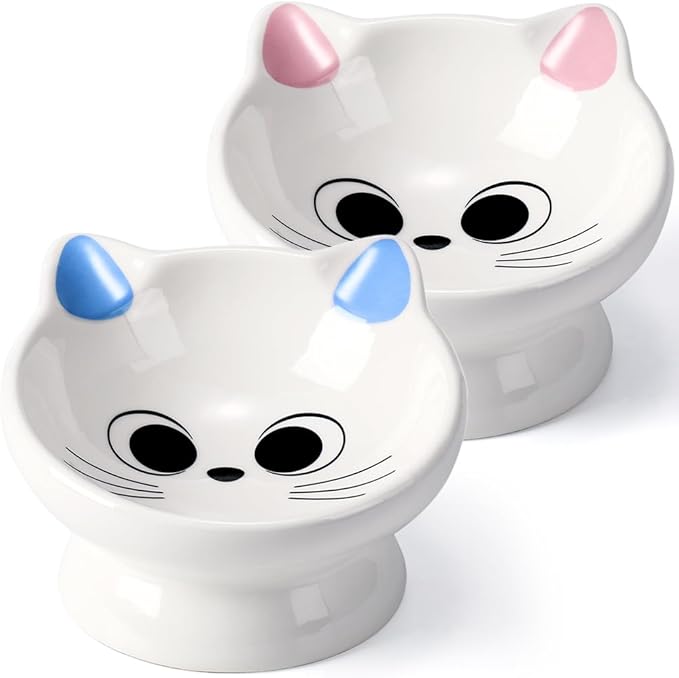 2Pcs Raised Cat Food Bowl Ceramic 15 Tilted Bowls Protect Cat's Spine, Anti Vomiting Backflow Prevention, Adult Cats, Kitten, Small Dogs, Pink&Blue
