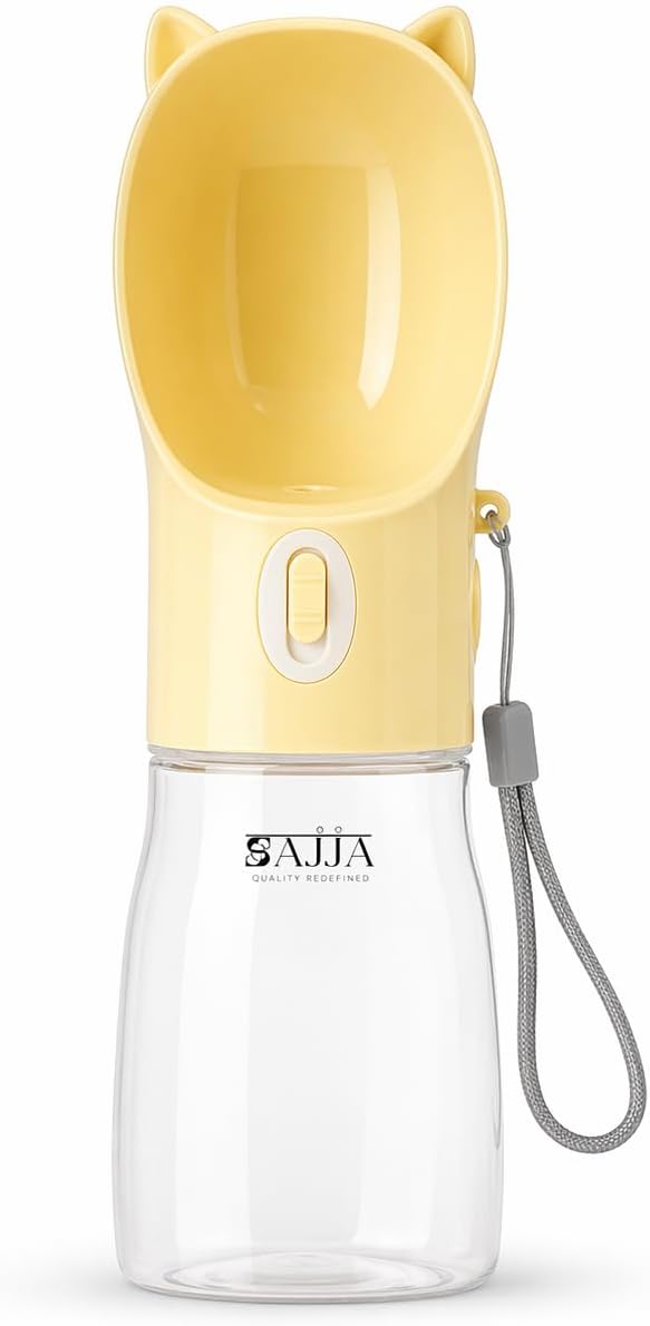 Dog Water Bottle Dispenser 380ml – Leak-Proof Lock, One-Hand Operation | Portable Pet Travel Water Bottle with Built-in Bowl | Yellow