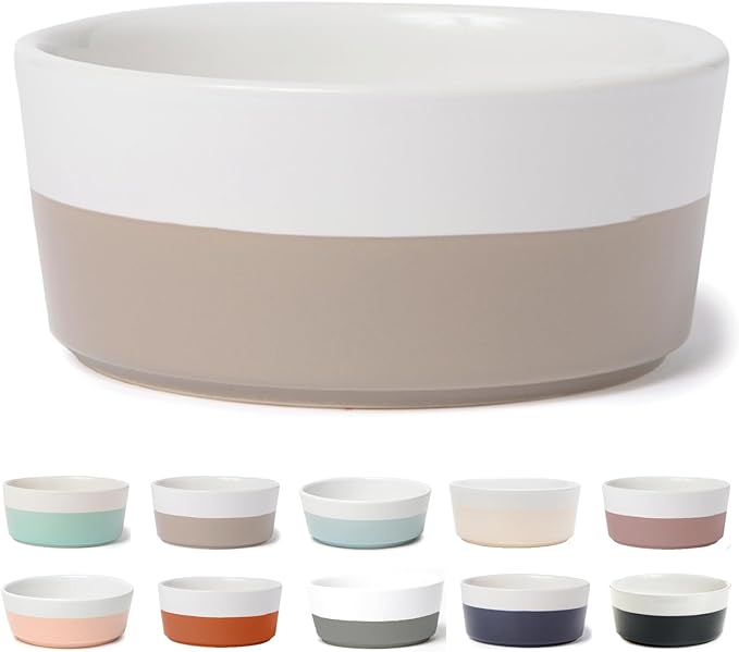 Waggo Dipper Ceramic Dog Bowl for Small and Large Breeds - Heavyweight and Durable Pet Food and Water Dish Crock, Dishwasher Safe, Modern (Vintage Grey, Large)