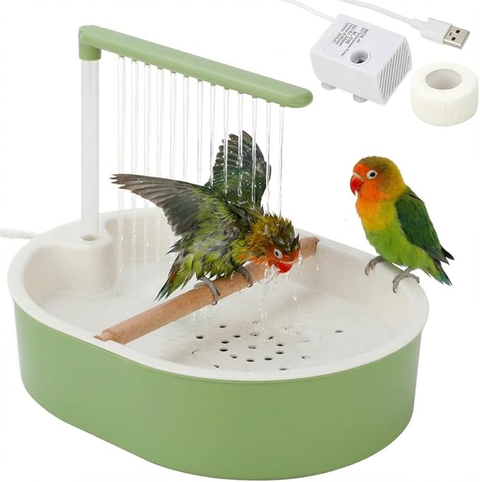 Parrot Shower for Cage, Automatic Parakeet Bird Bath with Circulating Water, USB Charging Quiet Pump Detachable Bathtub, for Small & Medium Birds Budgie, Cockatiel, Lovebird, Conure, Parrotlet, Quaker