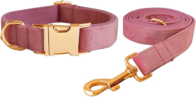 Love Dream Velvet Dog Collar and Leash Set, Soft & Comfy Adjustable Dog Leash and Collar with Heavy Duty Metal Buckle for Small Medium Large Dogs Training & Walking (Medium, Pink)