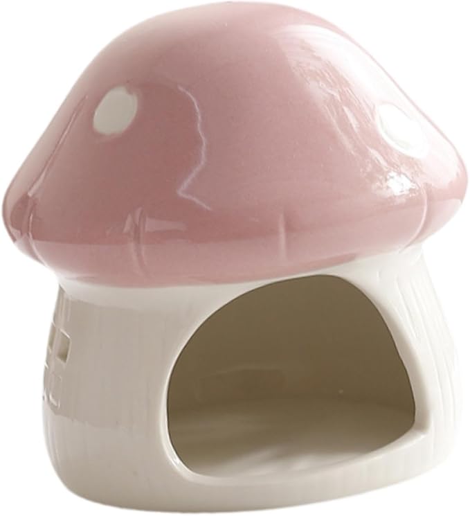 Ceramic Hamster House Small Animal Hideout Outdoor Cartoon Multipurpose Hamster Hide Bed Mushroom Shaped for Rats Chipmunk, Pink