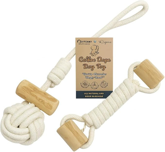 Cotton Rope Dog Toy with Coffee Wood Handles – Natural Chew & Tug Toy for Dogs – Durable, Eco-Friendly & Safe for All Breeds