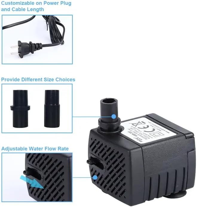 60GPH 2.5W Mini Submersible Fountain Pump for Aquarium,Fountain,Tank | Ultra quiet, high lift, fully indoor & outdoor water pump waterproof submersible pump equipped with adjustable flow control.