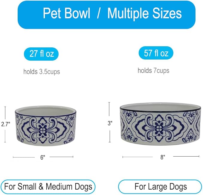 Ceramic Large Dog Bowls, Non Slip Heavy Porcelain Breed Dog Food and Water Bowl,8" Pet Feeding Bowl for Medium, and Big Dogs,Vintage Blue & White -7 Cups