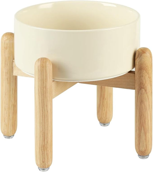 Havniva Ceramic 7.3inch Raised Dog Bowl Set, Elevated with Wooden Stand, Food and Water Bowl for Medium Breed Dogs, Weighted Dog Dishes, Pet Feeder(Light Yellow)