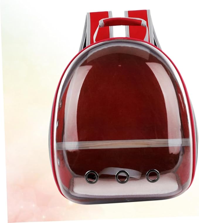 Portable Pet Backpack for Birds Breathable Capsule Carrier Ventilation and Inner Wooden Bar for Outdoor Travel Red Transparent Parrot Bag