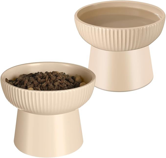 Ceramic Elevated Cat Bowls-Water Bowl, 15° Tilted Design, Anti-Vomiting & Spine Protection, Prevent Whisker Fatigue for Kittens to Adult Cats and Small Dogs (Almond-Elevated Cat Bowls-2)