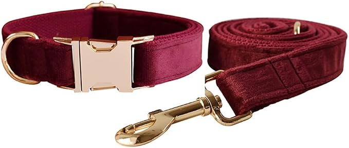 Love Dream Velvet Dog Collar and Leash Set, Soft & Comfy Adjustable Dog Leash and Collar with Heavy Duty Metal Buckle for Small Medium Large Dogs Training & Walking (Large, Wine Red)