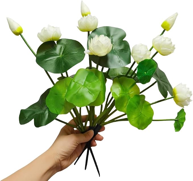 17" Artificial Flower Water Lily,Water Lily Plants for Ponds Small,Silk Flowers Plastic Flowers Lotus for Fish Tank Decoration Home Garden Wedding Arrangement Decor (3, White)