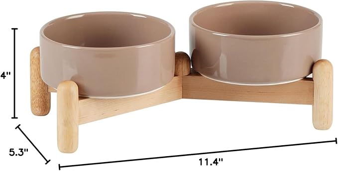 Havniva Ceramic 5.1inch Raised Double Bowls Set with Wooden Stand, Elevated Food & Water Bowls for Small Breed Dogs, Cats, Kitty, Weighted Dog Dishes, Pet Bowls(13.5oz, Brown Coffee)