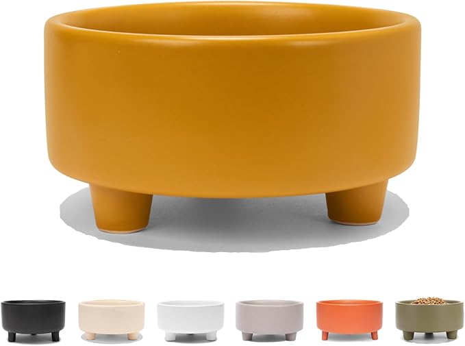 Waggo Uplift Ceramic Dog Bowl for Small Medium and Large Breeds - Heavyweight and Durable Pet Food and Water Dish Crock, Dishwasher Safe, Modern, Elevated Feeder (Mustard, Large)