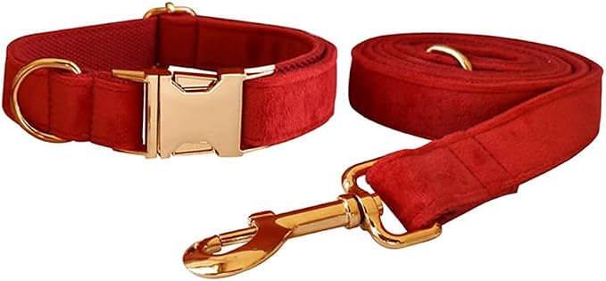 Love Dream Velvet Dog Collar and Leash Set, Soft & Comfy Adjustable Dog Leash and Collar with Heavy Duty Metal Buckle for Small Medium Large Dogs Training & Walking (Medium, Red)