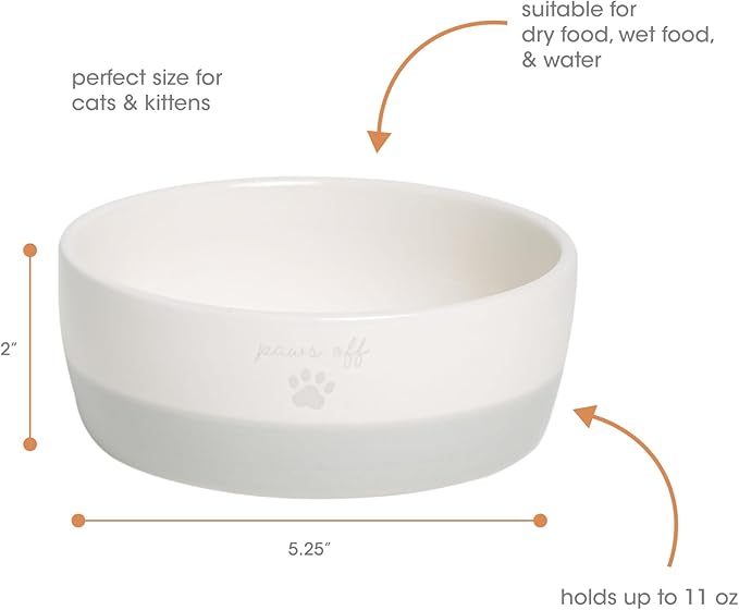 Pearhead Paws Off Ceramic Cat Bowl, Holds 1.3 Cups, Small Food and Water Bowl for Cats, Pet Dish, Microwave and Dishwasher Safe (Pack of 2)