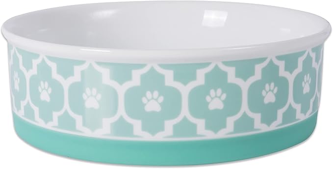 Bone Dry Paw Print Ceramic Pet Bowl, Lattice Collection, Large Set, 7.5x2.4", Aqua, 2 Count