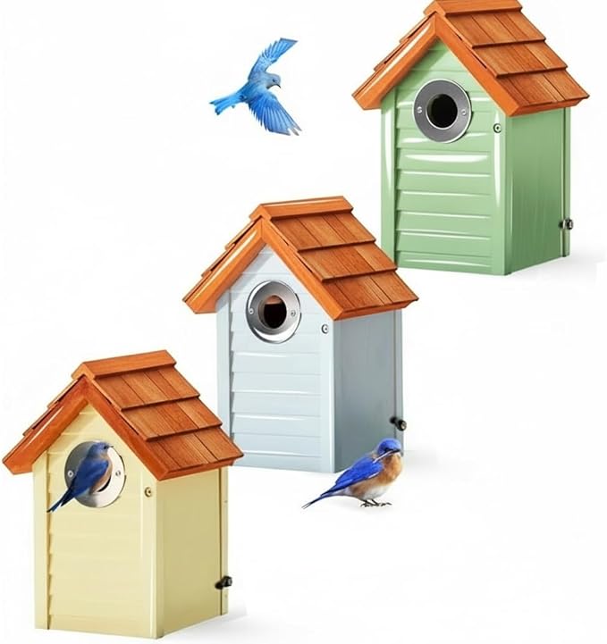 3pk Bluebird Bird Houses for Outside Clearance - Bird House for Wall Mounting - Tree Swallow Nest Box with Stainless Steel Predator Guard - Cedar Shingles Roof UV Painting - 10 Years Outdoor