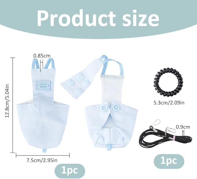 SUPERFINDINGS Snap-Closure Parrot Diaper with Leash 1Pc 5.04x2.95 Inch/128x75 mm Washable Bird Flight Suit 8.5 mmThick 2.09Inch Adjustable Rope for Cockatiel Parrots Travel Perch Light Sky Blue