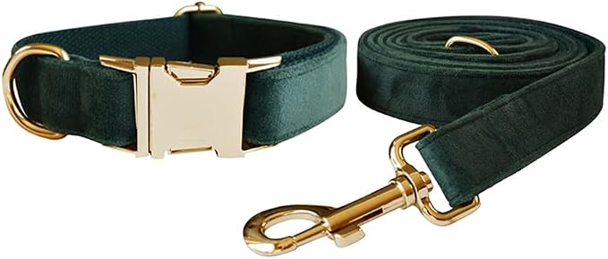 Love Dream Velvet Dog Collar and Leash Set, Soft & Comfy Adjustable Dog Leash and Collar with Heavy Duty Metal Buckle for Small Medium Large Dogs Training & Walking (Medium, Green)