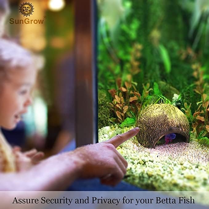 SunGrow Betta Fish Caves, Habitat Made from Coconut Shell, Soft-Textured Smooth Edged Spacious Hideout for Resting and Breeding, 2 Pcs