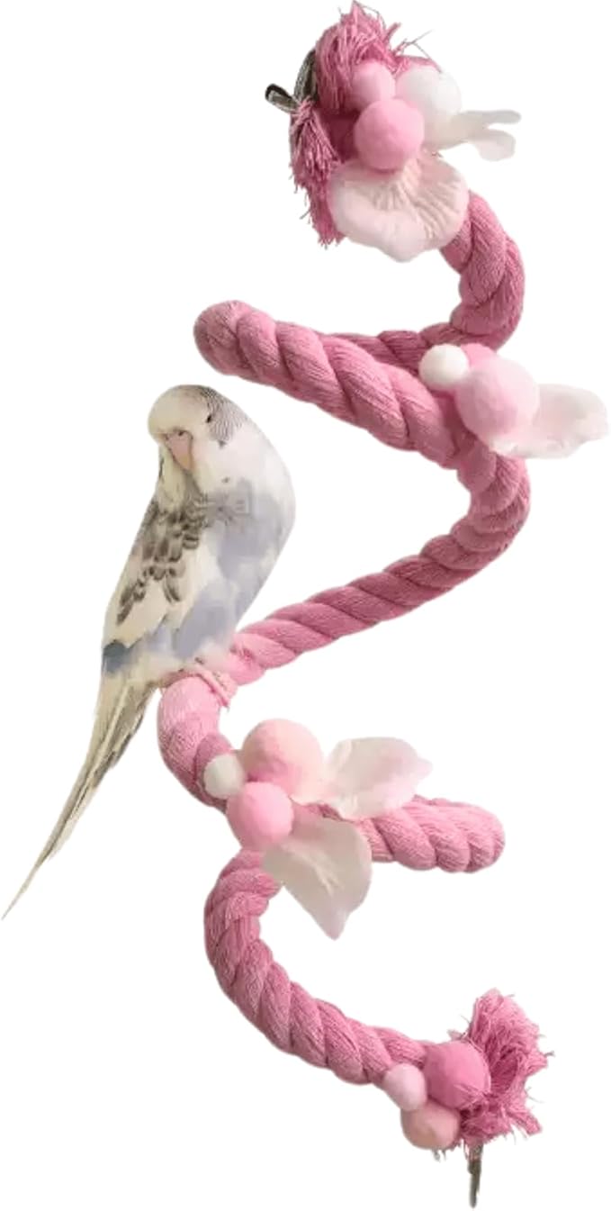 Bird Toys, Rope Perch for Parrots, 39.3 Inches Long, Brightly Colored Handmade Chew Toy, Spiral Design Bird Cage Climbing Rope for Lovebird Conure Quaker Budgie Cockatiel (Pink)