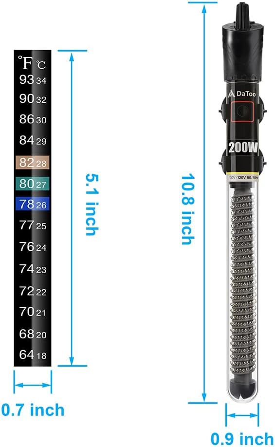 DaToo Mini Aquarium Heater 200W Small Fish Tank Heater 200 Watt with Free Thermometer Sticker(200W)