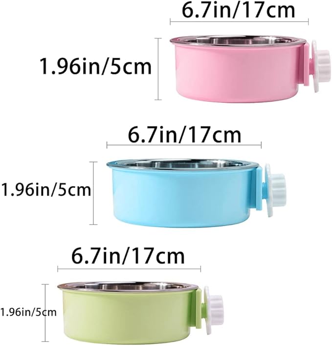 Crate Dog Bowl,Removable Stainless Steel Water Food Feeder Bowls Crate Coop Cup,Pet Cage Bowls with Bolt Holder for Cat, Puppy, Birds, Rats, Rabbits Small Animals ((Blue+Green+Pink) Round, Large)