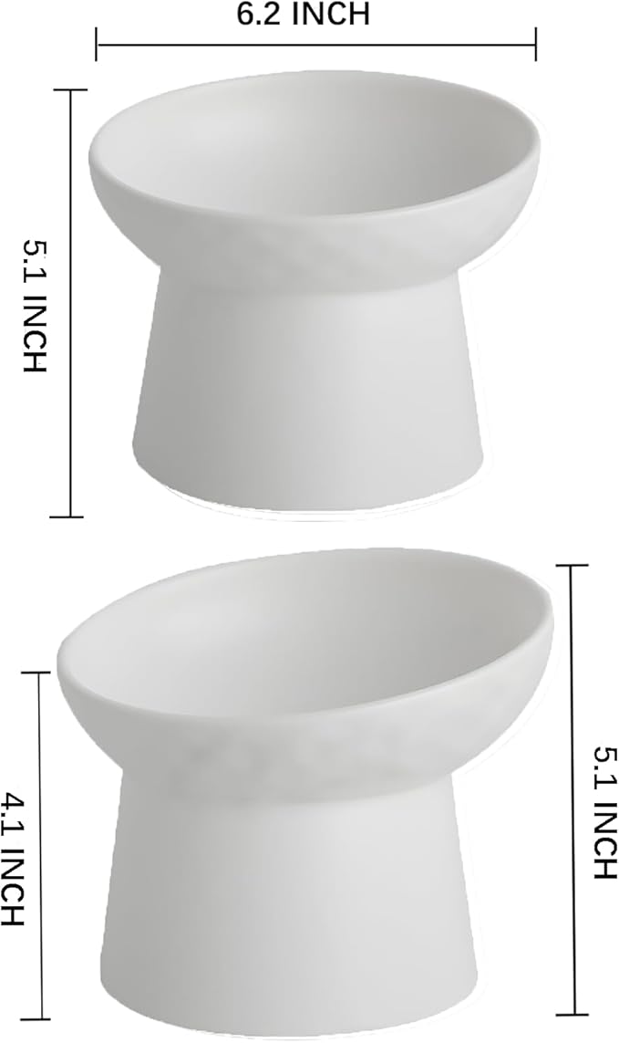 6 inch Small Ceramic Raised Cat Bowls, Tilted Elevated Food or Water Bowls, Stress Free, Backflow Prevention, Dishwasher and Microwave Safe, Lead & Cadmium Free(White 6 inch 2pc)