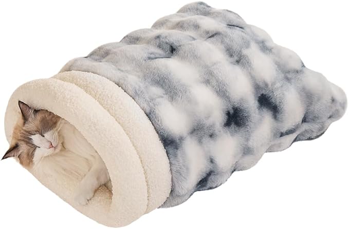 SOMAHE Self-Warming Cat Sleeping Bag, Enclosed Hooded Snuggle Sack with Dual-Side Plush Cat Cave Bed, Portable Foldable Pet Sleeping Pod for Indoor & Travel, Anti-Static, 21.7"x17.7"Blue White