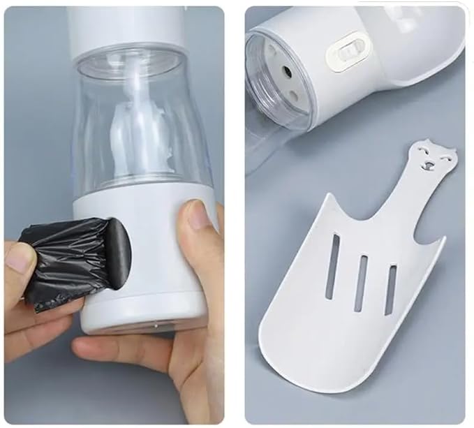 Baby Blue 4-in-1 Portable Dog Water Dispenser+Food Storage+Built-in Poop Bag Holder+Scoop | 258ml Water & 220ml Food Capacity | Leakproof | Food-Grade ABS Material.