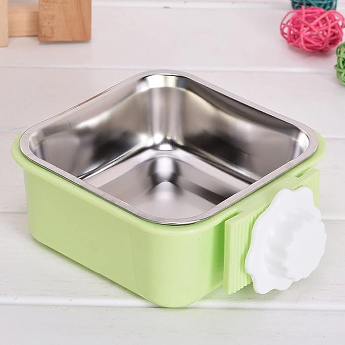 Crate Dog Bowl,Removable Stainless Steel Water Food Feeder Bowls Crate Coop Cup,Pet Cage Bowls with Bolt Holder for Cat, Puppy, Birds, Rats, Rabbits Small Animals ((Blue+Green) Square, Large)