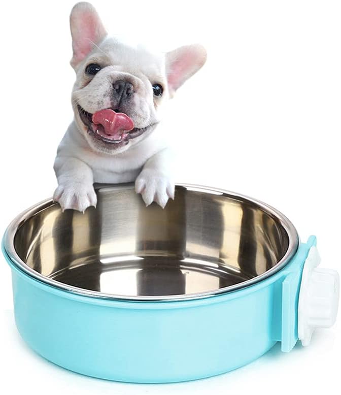 Crate Dog Bowl,Removable Stainless Steel Water Food Feeder Bowls Crate Coop Cup,Pet Cage Bowls with Bolt Holder for Cat, Puppy, Birds, Rats, Rabbits Small Animals ((Blue+Pink) Round, Samll)