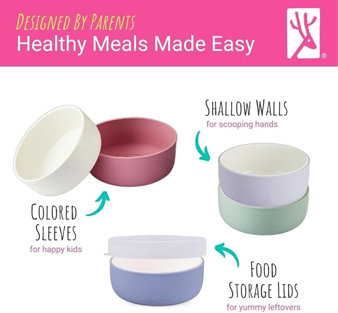 Elk and Friends Kids Porcelain Bowls with Silicone Suction Sleeves | Lids Included | Suitable for Babies/Toddlers | Microwave & Dishwasher Safe | Stay Put Dinnerware | Snack Dishes | 4 Pack